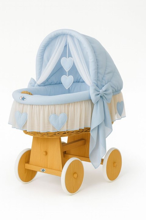Wiklinowy kosz Mojżesza ze składaną budką Amelia - naturalny + niebieska pościel